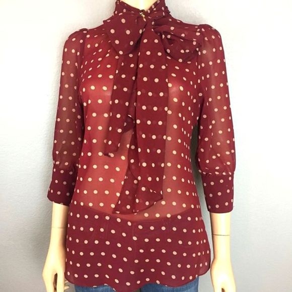 Freeway Tops - Freeway Tie Neck Polka Dot 3/4 Sleeve Blouse Large